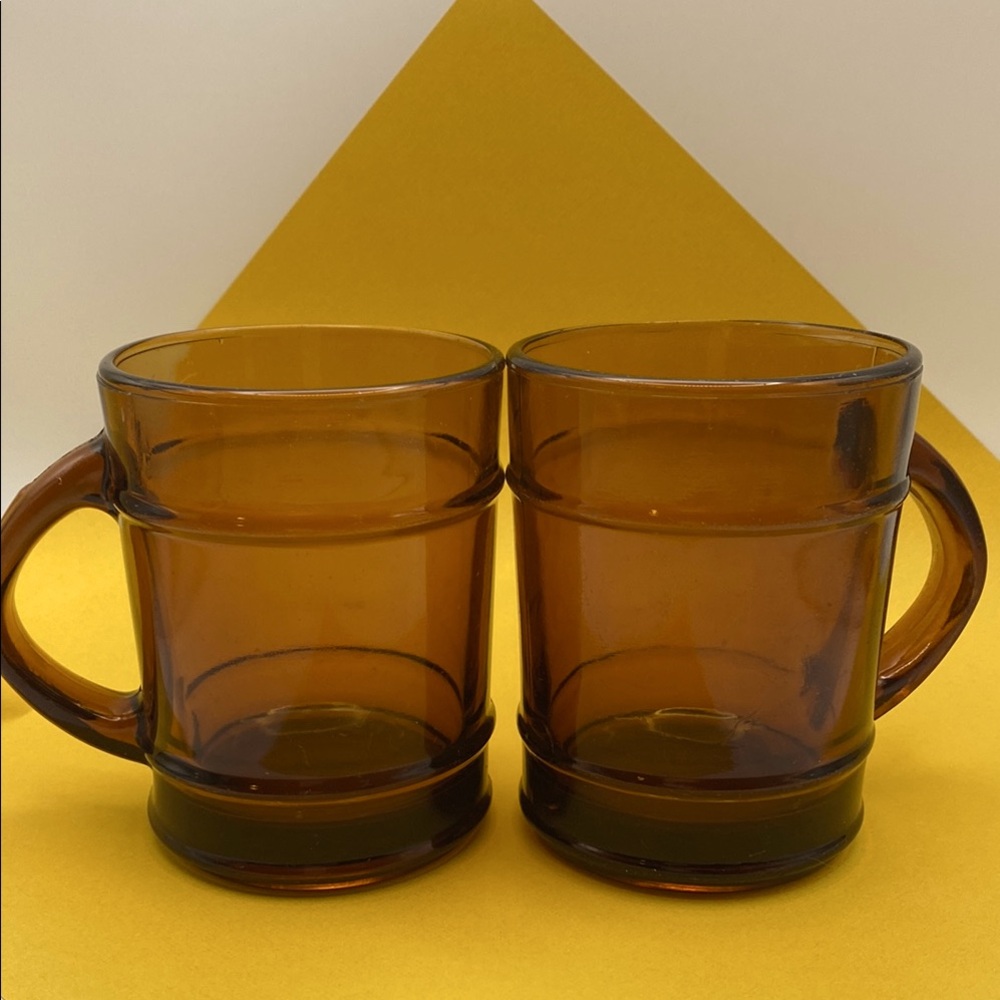 Vintage Anchor Hocking Fire King Barrel Style Clear Amber Glass Mug Set Of 2